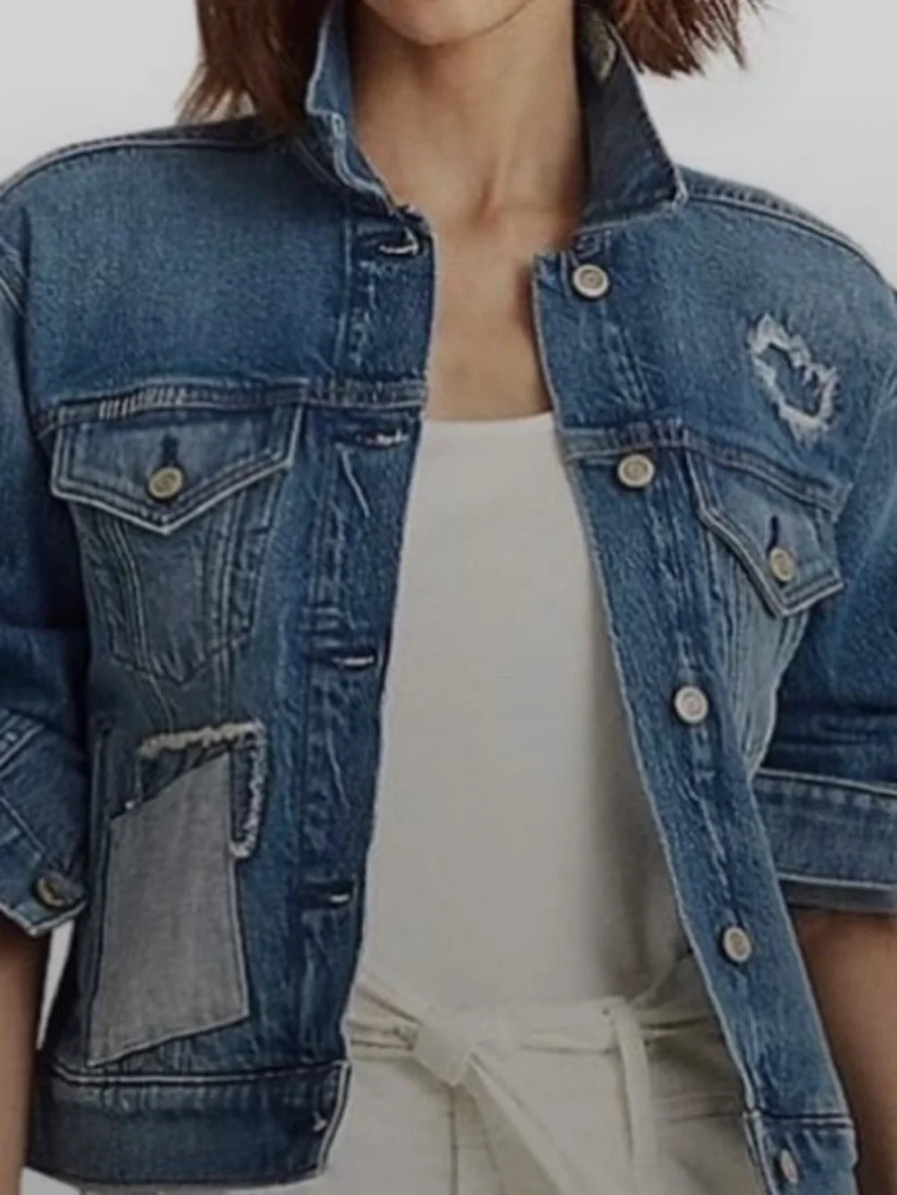 RALPH LAUREN Womens Patchwork Big Logo Denim Jacket Blue XXS Crop Distressed - Picture 4 of 10